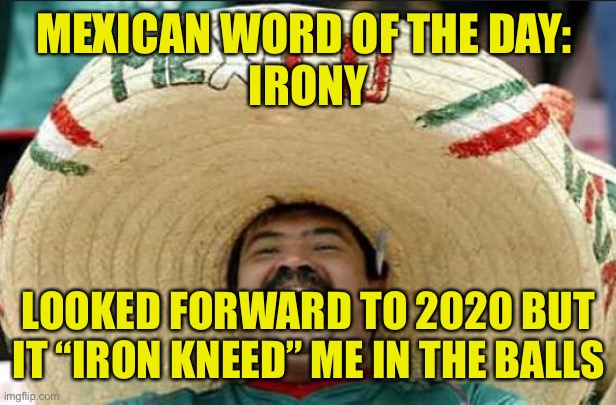 Irony (Pronounced Iron-Knee) | MEXICAN WORD OF THE DAY: 
IRONY; LOOKED FORWARD TO 2020 BUT IT “IRON KNEED” ME IN THE BALLS | image tagged in mexican word of the day,irony,iron knee,2020,balls | made w/ Imgflip meme maker
