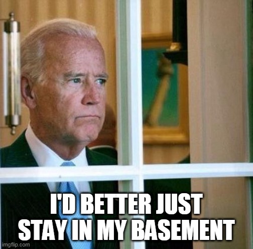Sad Joe Biden | I'D BETTER JUST STAY IN MY BASEMENT | image tagged in sad joe biden | made w/ Imgflip meme maker