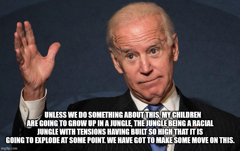 Racist Biden | UNLESS WE DO SOMETHING ABOUT THIS, MY CHILDREN ARE GOING TO GROW UP IN A JUNGLE, THE JUNGLE BEING A RACIAL JUNGLE WITH TENSIONS HAVING BUILT SO HIGH THAT IT IS GOING TO EXPLODE AT SOME POINT. WE HAVE GOT TO MAKE SOME MOVE ON THIS. | image tagged in joe biden,racist biden,creepy joe biden,biden | made w/ Imgflip meme maker