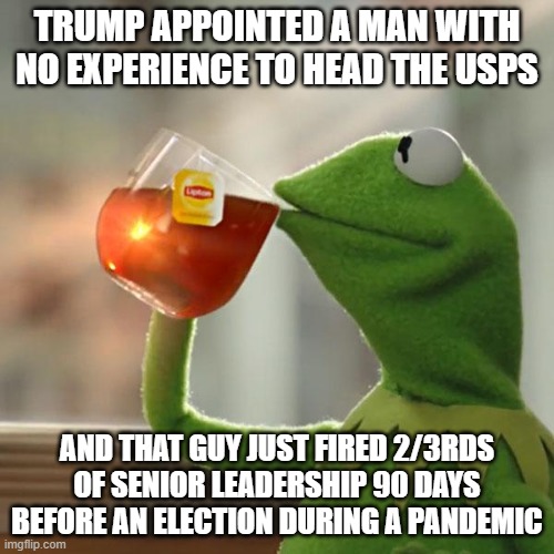 I guess I'm confused- how is this not voter suppression?  | TRUMP APPOINTED A MAN WITH NO EXPERIENCE TO HEAD THE USPS; AND THAT GUY JUST FIRED 2/3RDS OF SENIOR LEADERSHIP 90 DAYS BEFORE AN ELECTION DURING A PANDEMIC | image tagged in memes,but that's none of my business,kermit the frog | made w/ Imgflip meme maker