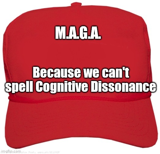 Red Maga Hat | M.A.G.A. Because we can't  spell Cognitive Dissonance | image tagged in red maga hat | made w/ Imgflip meme maker