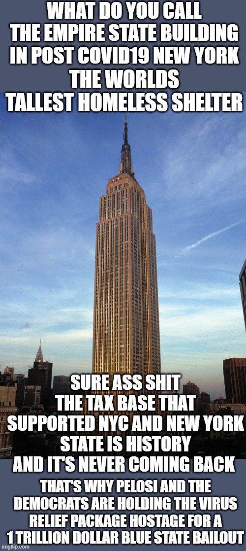 Start spreading the newsI am leaving todayI want to be a part of itNew York, New York | WHAT DO YOU CALL THE EMPIRE STATE BUILDING IN POST COVID19 NEW YORK; THE WORLDS TALLEST HOMELESS SHELTER; SURE ASS SHIT THE TAX BASE THAT SUPPORTED NYC AND NEW YORK STATE IS HISTORY AND IT'S NEVER COMING BACK; THAT'S WHY PELOSI AND THE DEMOCRATS ARE HOLDING THE VIRUS RELIEF PACKAGE HOSTAGE FOR A 1 TRILLION DOLLAR BLUE STATE BAILOUT | image tagged in new york city,democrats,nancy pelosi,andrew cuomo | made w/ Imgflip meme maker