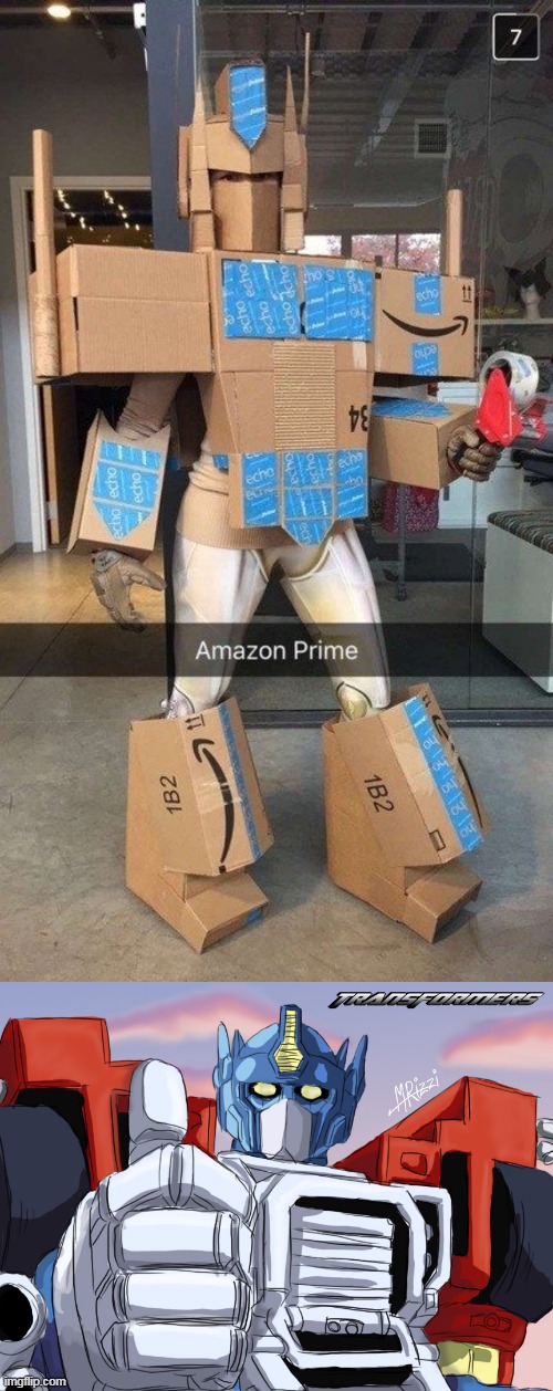 WELL DONE | image tagged in memes,optimus prime,amazon box man,amazon,cosplay,transformers | made w/ Imgflip meme maker