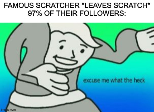 FAMOUS SCRATCHER *LEAVES SCRATCH*
97% OF THEIR FOLLOWERS: | image tagged in excuse me what the heck | made w/ Imgflip meme maker