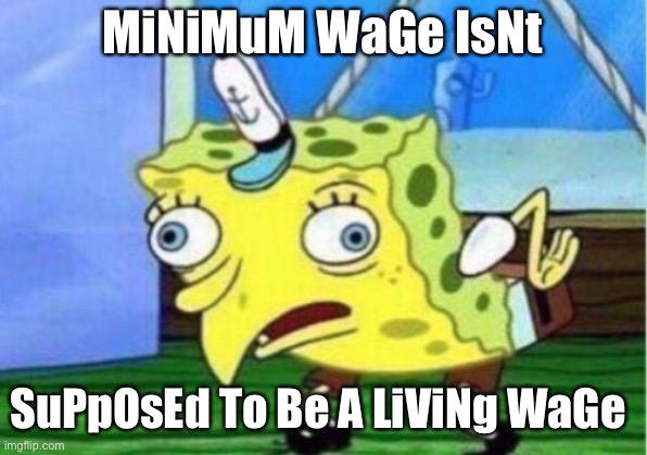 Mocking Spongebob | MiNiMuM WaGe IsNt; SuPpOsEd To Be A LiViNg WaGe | image tagged in memes,mocking spongebob | made w/ Imgflip meme maker