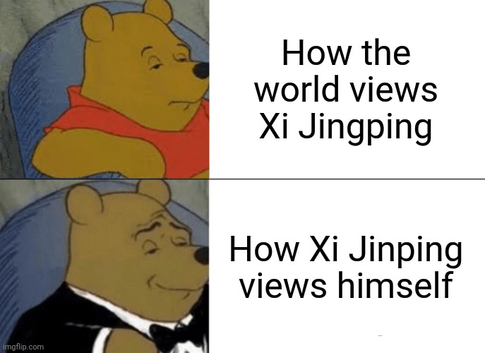 Xi Jinping | How the world views Xi Jingping; How Xi Jinping views himself | image tagged in memes,tuxedo winnie the pooh,xi jinping | made w/ Imgflip meme maker