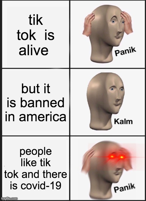 Panik Kalm Panik Meme | tik tok  is alive; but it is banned in america; people like tik tok and there is covid-19 | image tagged in memes,panik kalm panik | made w/ Imgflip meme maker