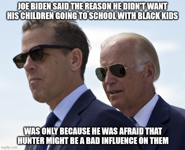 Sounds about right | JOE BIDEN SAID THE REASON HE DIDN'T WANT HIS CHILDREN GOING TO SCHOOL WITH BLACK KIDS; WAS ONLY BECAUSE HE WAS AFRAID THAT
HUNTER MIGHT BE A BAD INFLUENCE ON THEM | image tagged in hunter biden | made w/ Imgflip meme maker