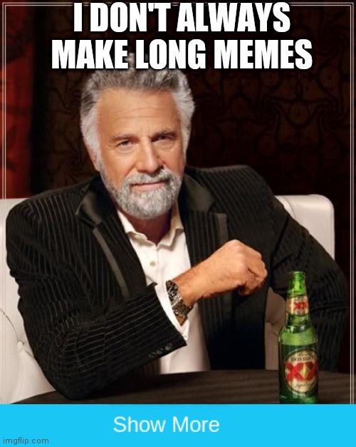 Make sure you have time on your hands. | I DON'T ALWAYS MAKE LONG MEMES | image tagged in memes,the most interesting man in the world | made w/ Imgflip meme maker