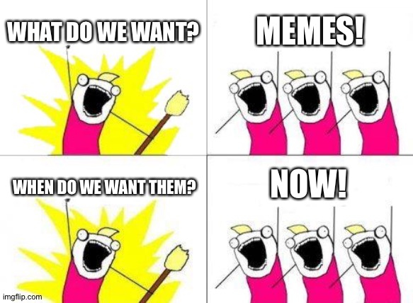 What Do We Want Meme | WHAT DO WE WANT? MEMES! NOW! WHEN DO WE WANT THEM? | image tagged in memes,what do we want | made w/ Imgflip meme maker