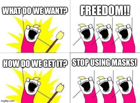 What Do We Want Meme | WHAT DO WE WANT? FREEDOM!! STOP USING MASKS! HOW DO WE GET IT? | image tagged in memes,what do we want | made w/ Imgflip meme maker