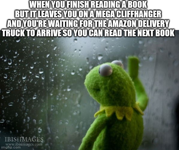 Just finished reading a book but the second one won't get here until next week ;-; | WHEN YOU FINISH READING A BOOK BUT IT LEAVES YOU ON A MEGA CLIFFHANGER AND YOU'RE WAITING FOR THE AMAZON DELIVERY TRUCK TO ARRIVE SO YOU CAN READ THE NEXT BOOK | image tagged in kermit window,books,sad | made w/ Imgflip meme maker
