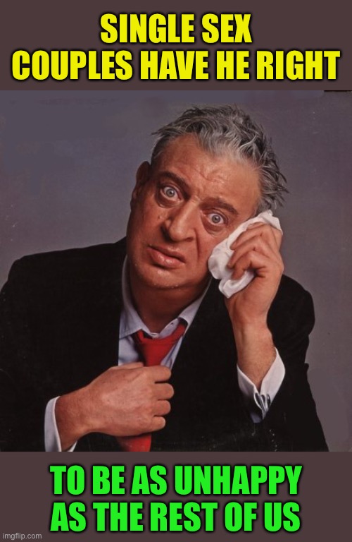 Rodney Dangerfield | SINGLE SEX COUPLES HAVE HE RIGHT TO BE AS UNHAPPY AS THE REST OF US | image tagged in rodney dangerfield | made w/ Imgflip meme maker