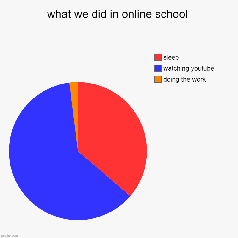 what we did in online school | doing the work, watching youtube, sleep | image tagged in charts,pie charts | made w/ Imgflip chart maker