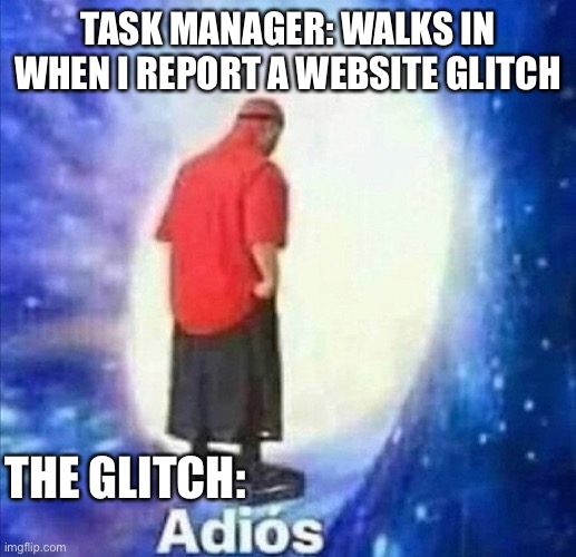 Website.exe has fail ail il l$8tgsjeu 7cy. U( | TASK MANAGER: WALKS IN WHEN I REPORT A WEBSITE GLITCH; THE GLITCH: | image tagged in adios | made w/ Imgflip meme maker