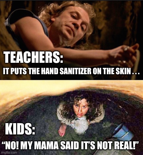 Silence of the Lambs - Back to School | TEACHERS:; IT PUTS THE HAND SANITIZER ON THE SKIN . . . KIDS:; “NO! MY MAMA SAID IT’S NOT REAL!” | image tagged in girl in pit silence of the lambs,silence of the lambs,hand sanitizer,teachers,students,back to school | made w/ Imgflip meme maker