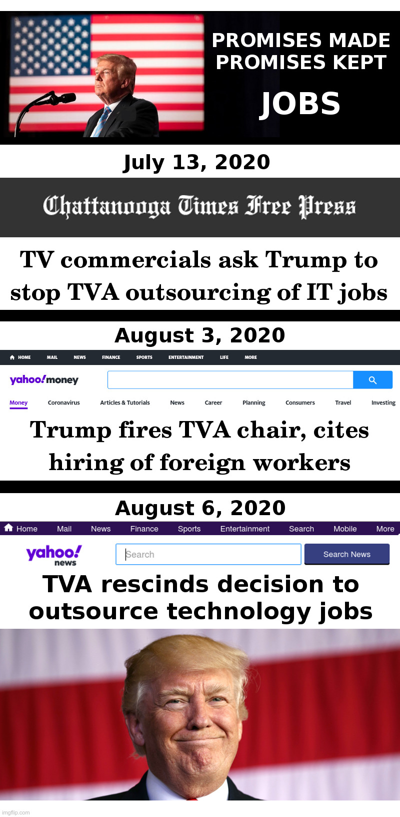 Donald Trump: Promises Made, Promises Kept | image tagged in donald trump,jobs,tennessee,tva,foreign,workers | made w/ Imgflip meme maker