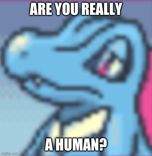 Are you? | ARE YOU REALLY; A HUMAN? | image tagged in totodile doubt | made w/ Imgflip meme maker