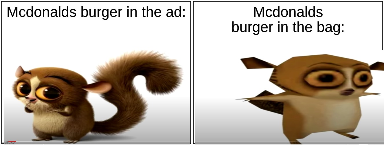 MCDONALDS BURGERS ARE LIES |  Mcdonalds burger in the ad:; Mcdonalds burger in the bag: | image tagged in memes,blank comic panel 2x1,funny,upvote if you agree | made w/ Imgflip meme maker