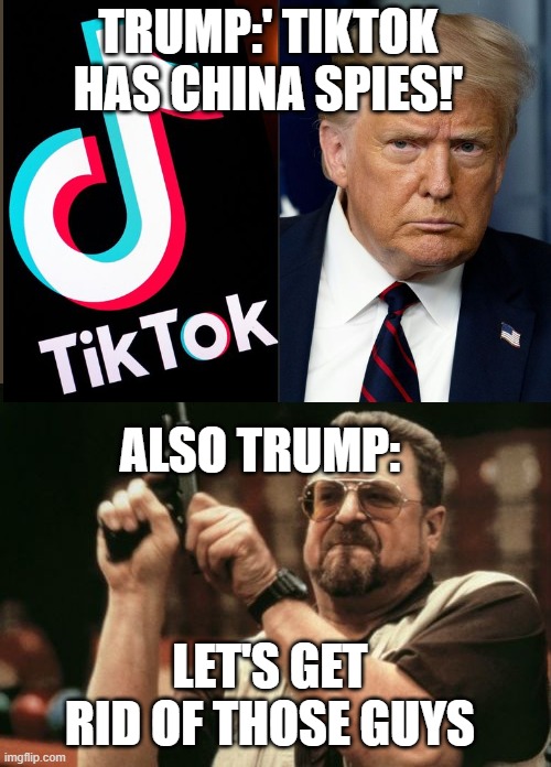 Let's get rid of china AND EVERYBODY ON TIKTOK | TRUMP:' TIKTOK HAS CHINA SPIES!'; ALSO TRUMP:; LET'S GET RID OF THOSE GUYS | image tagged in memes,am i the only one around here | made w/ Imgflip meme maker