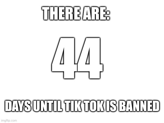 Posting a meme everyday until tik tok is banned (part 1) | THERE ARE:; 44; DAYS UNTIL TIK TOK IS BANNED | image tagged in blank white template | made w/ Imgflip meme maker