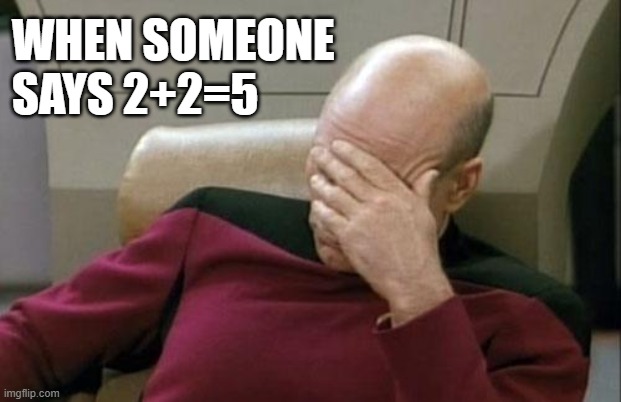 Captain Picard Facepalm | WHEN SOMEONE 
SAYS 2+2=5 | image tagged in memes,captain picard facepalm | made w/ Imgflip meme maker