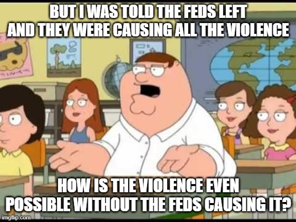 Feds Violence | BUT I WAS TOLD THE FEDS LEFT AND THEY WERE CAUSING ALL THE VIOLENCE; HOW IS THE VIOLENCE EVEN POSSIBLE WITHOUT THE FEDS CAUSING IT? | image tagged in peter griffin | made w/ Imgflip meme maker