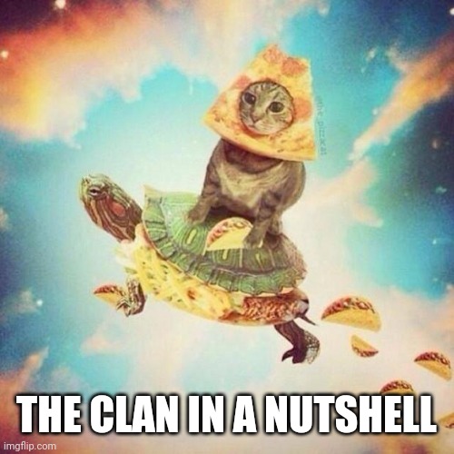 Space Pizza Cat Turtle Tacos | THE CLAN IN A NUTSHELL | image tagged in space pizza cat turtle tacos | made w/ Imgflip meme maker