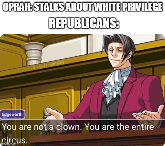 You are not a clown. You are the entire circus. | OPRAH: STALKS ABOUT WHITE PRIVILEGE; REPUBLICANS: | image tagged in you are not a clown you are the entire circus | made w/ Imgflip meme maker