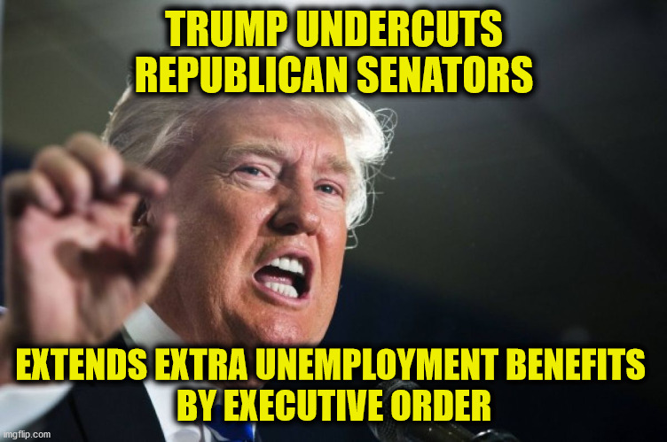 Spending Bigly | TRUMP UNDERCUTS
REPUBLICAN SENATORS; EXTENDS EXTRA UNEMPLOYMENT BENEFITS 
BY EXECUTIVE ORDER | image tagged in unemployment benefits,trump,executive order,memes,covid,pandemic | made w/ Imgflip meme maker