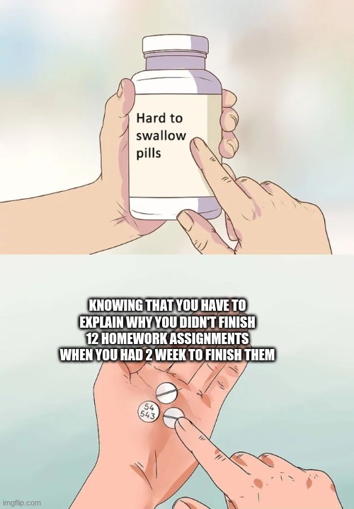 Some skools | KNOWING THAT YOU HAVE TO EXPLAIN WHY YOU DIDN'T FINISH 12 HOMEWORK ASSIGNMENTS WHEN YOU HAD 2 WEEK TO FINISH THEM | image tagged in memes,hard to swallow pills | made w/ Imgflip meme maker