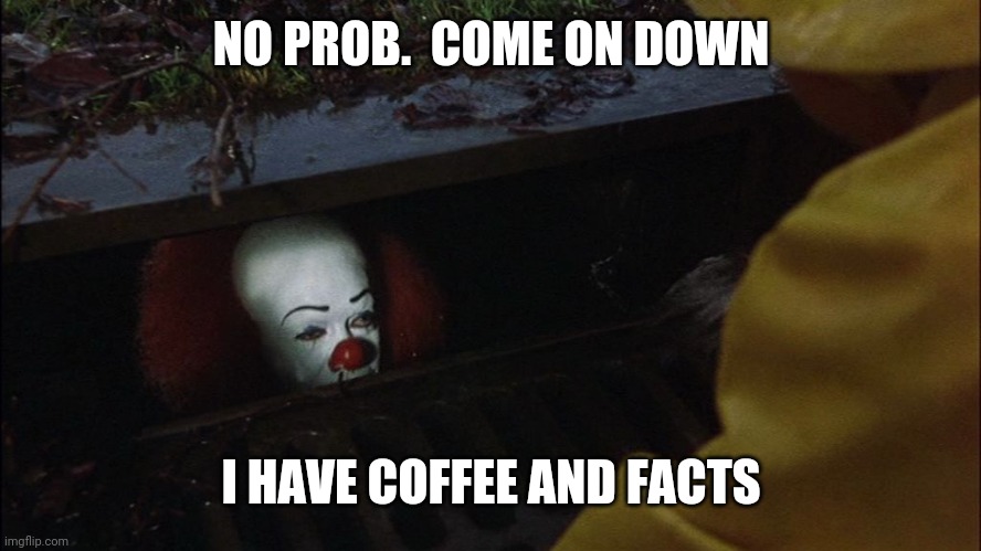 it clown in sewer | NO PROB.  COME ON DOWN I HAVE COFFEE AND FACTS | image tagged in it clown in sewer | made w/ Imgflip meme maker