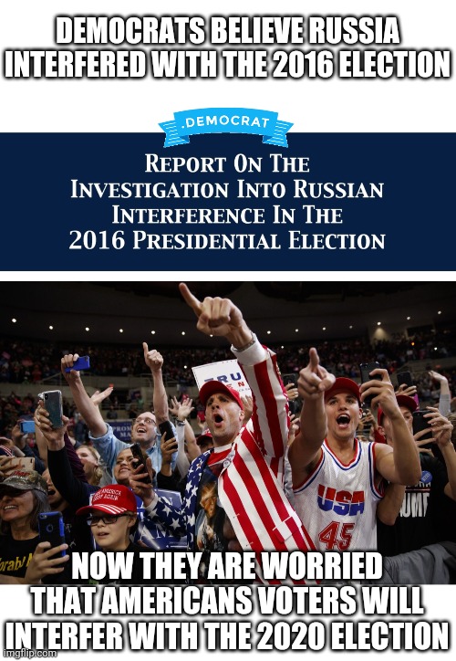 I WILL BE HELPING WITH THAT |  DEMOCRATS BELIEVE RUSSIA INTERFERED WITH THE 2016 ELECTION; NOW THEY ARE WORRIED THAT AMERICANS VOTERS WILL INTERFER WITH THE 2020 ELECTION | image tagged in memes,democrats,maga,president trump,trump russia collusion,liberal logic | made w/ Imgflip meme maker