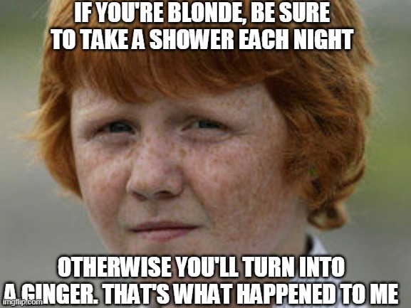 And be sure to use shampoo at least once a week | IF YOU'RE BLONDE, BE SURE TO TAKE A SHOWER EACH NIGHT; OTHERWISE YOU'LL TURN INTO A GINGER. THAT'S WHAT HAPPENED TO ME | image tagged in blonde,ginger,shower,soap,unlucky ginger kid,dumb blonde | made w/ Imgflip meme maker