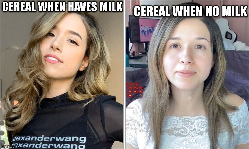 Pokimane cereal | CEREAL WHEN NO MILK; CEREAL WHEN HAVES MILK | image tagged in memes,funny,meme | made w/ Imgflip meme maker