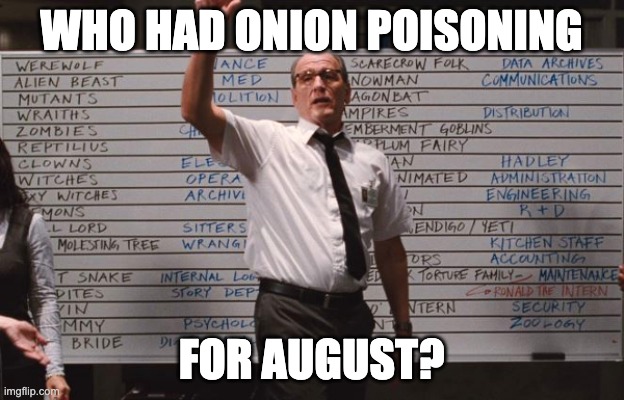 Onion Poisining | WHO HAD ONION POISONING; FOR AUGUST? | image tagged in cabin the the woods | made w/ Imgflip meme maker