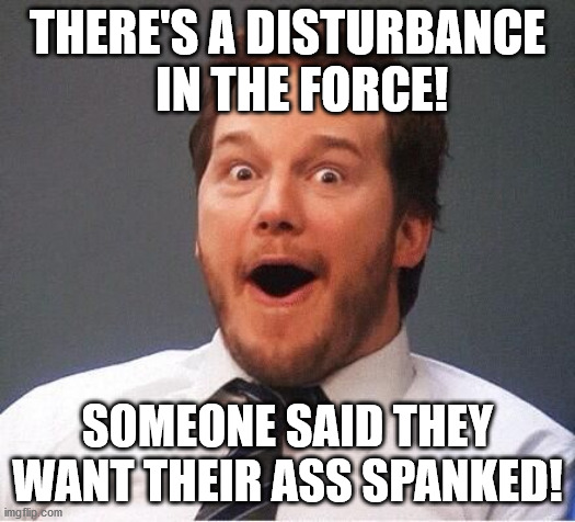 excited | THERE'S A DISTURBANCE    IN THE FORCE! SOMEONE SAID THEY WANT THEIR ASS SPANKED! | image tagged in excited | made w/ Imgflip meme maker