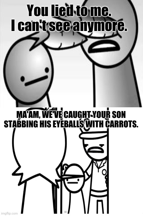 asdfmovie clip crossover |  You lied to me.
I can't see anymore. MA'AM, WE'VE CAUGHT YOUR SON STABBING HIS EYEBALLS WITH CARROTS. | image tagged in asdfmovie,memes,crossover | made w/ Imgflip meme maker