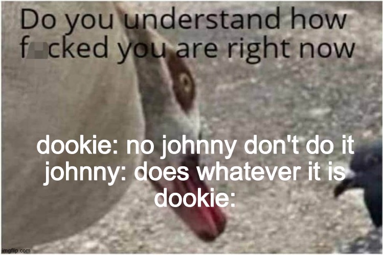 have u ever seen johnny test? | dookie: no johnny don't do it
johnny: does whatever it is
dookie: | image tagged in do you understand how ducked you are right now | made w/ Imgflip meme maker