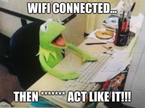 WIFI CONNECTED... THEN ******* ACT LIKE IT!!! | image tagged in wifi,kermit the frog,muppets | made w/ Imgflip meme maker