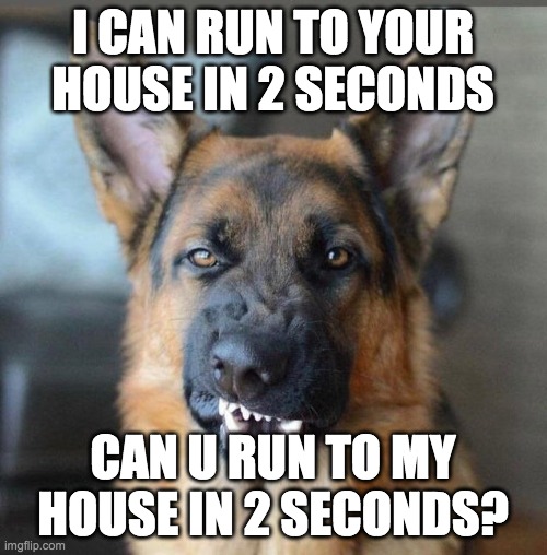 K-9 | I CAN RUN TO YOUR HOUSE IN 2 SECONDS CAN U RUN TO MY HOUSE IN 2 SECONDS? | image tagged in k-9 | made w/ Imgflip meme maker