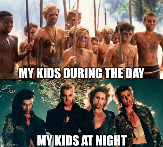 MY KIDS DURING THE DAY; MY KIDS AT NIGHT | image tagged in kids,dad joke,parenting,no sleep,funny memes | made w/ Imgflip meme maker