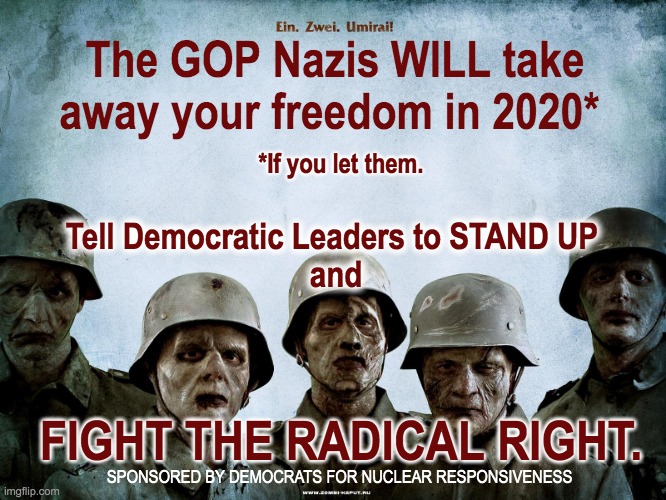 Nuclear Responsiveness | *If you let them. The GOP Nazis WILL take away your freedom in 2020*; Tell Democratic Leaders to STAND UP 
and; FIGHT THE RADICAL RIGHT. SPONSORED BY DEMOCRATS FOR NUCLEAR RESPONSIVENESS | image tagged in political meme republicans,scumbag republicans | made w/ Imgflip meme maker