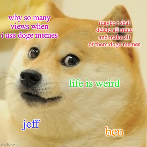 why so many views when i post doge memes | maybe i shal delete all mine and make all of them doge memes; why so many views when i use doge memes; life is weird; jeff; ben | image tagged in memes,doge | made w/ Imgflip meme maker