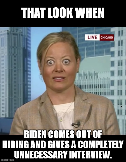Big eyes. |  THAT LOOK WHEN; BIDEN COMES OUT OF HIDING AND GIVES A COMPLETELY UNNECESSARY INTERVIEW. | image tagged in that look when,that look you give | made w/ Imgflip meme maker