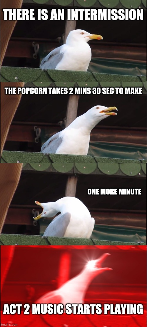 Act 2 | THERE IS AN INTERMISSION; THE POPCORN TAKES 2 MINS 30 SEC TO MAKE; ONE MORE MINUTE; ACT 2 MUSIC STARTS PLAYING | image tagged in memes,inhaling seagull,hamilton | made w/ Imgflip meme maker