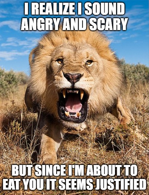 Lunch | I REALIZE I SOUND
ANGRY AND SCARY; BUT SINCE I'M ABOUT TO EAT YOU IT SEEMS JUSTIFIED | image tagged in cats,lions,memes,fun,funny,2020 | made w/ Imgflip meme maker