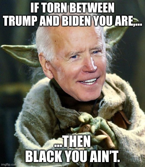Yoda Biden, Black vote for granted he takes | IF TORN BETWEEN TRUMP AND BIDEN YOU ARE,... ...THEN BLACK YOU AIN’T. | image tagged in memes,yoda,biden,black,donald trump,race | made w/ Imgflip meme maker