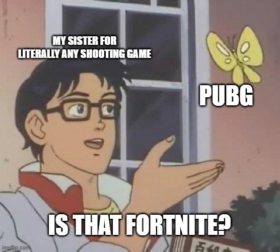 Is This A Pigeon | MY SISTER FOR LITERALLY ANY SHOOTING GAME; PUBG; IS THAT FORTNITE? | image tagged in memes,is this a pigeon | made w/ Imgflip meme maker
