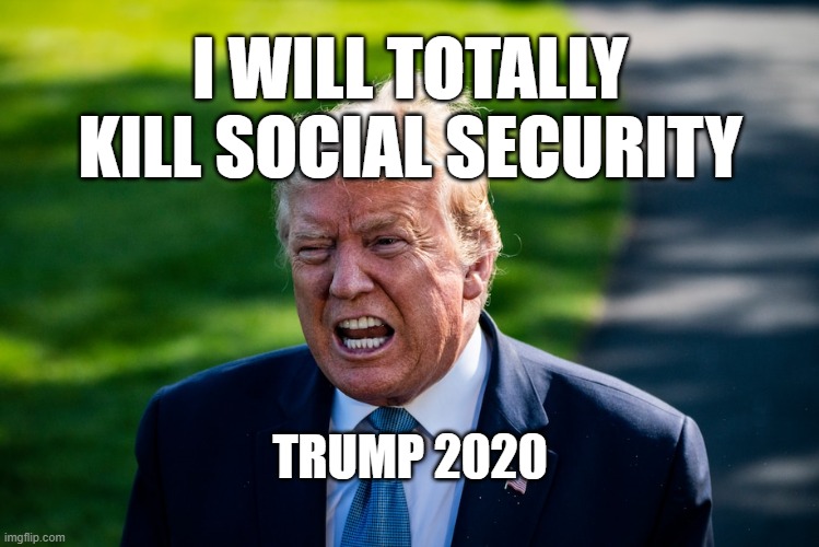 I WILL TOTALLY KILL SOCIAL SECURITY; TRUMP 2020 | image tagged in trump,social security | made w/ Imgflip meme maker